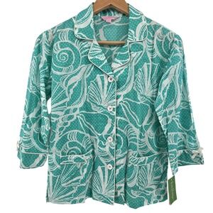 Lilly Pulitzer Clammies 'N' Jammies Pajama Top Green Shell Print Button Front XS